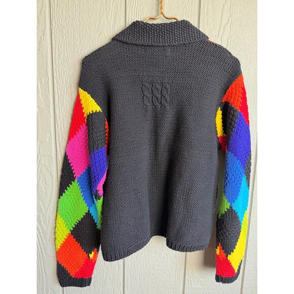 Vintage Marisa Christina Hand-Knitted Rainbow Argyle Sweater Zip Front Size L - Picture 6 of 7
